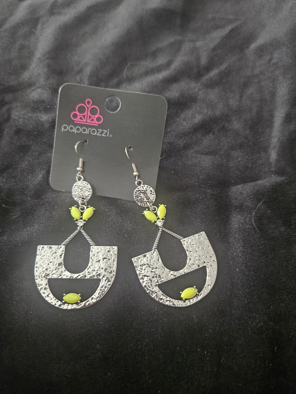 Paparazzi Silver Textured Drop Earrings with Lime Accents